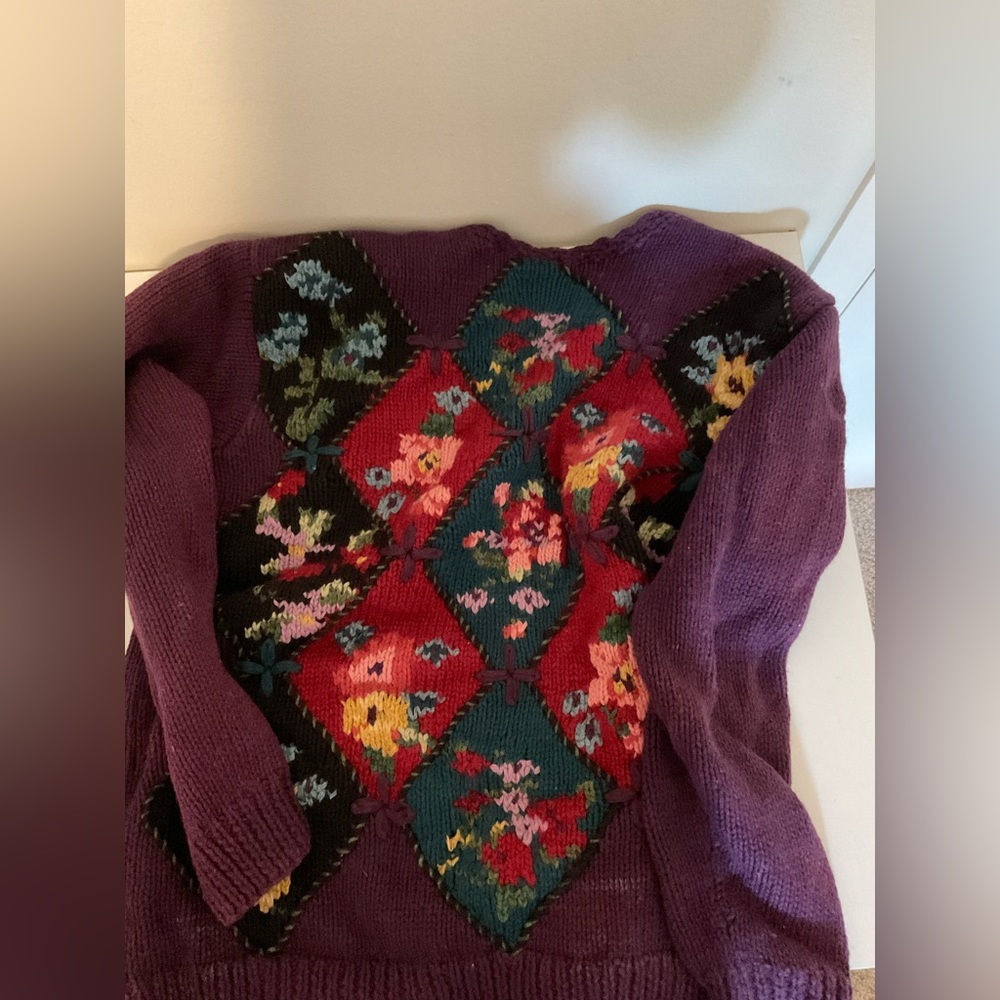 purple flowery sweater